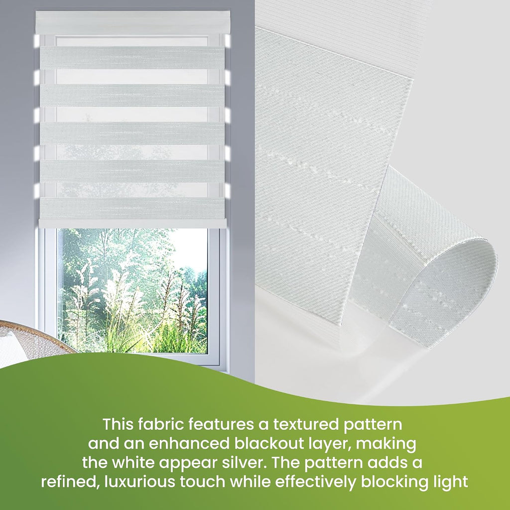 No Drill No Tools Cordless Dual Layer Zebra Blinds for Windows, Blackout Zebra Shade for Indoor Windows,Easy to Install Thermal Insulated Blinds, Silver White, Custom Size
