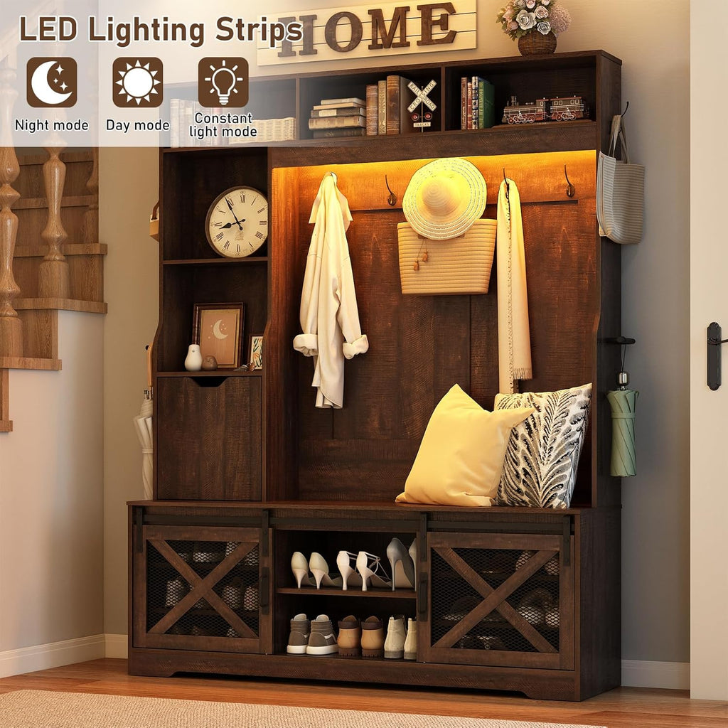 75''H 59''W Large LED Farmhouse Hall Tree with Bench and Shoe Storage,Entryway Bench with Coat Rack,16 Shoe Cubbies &