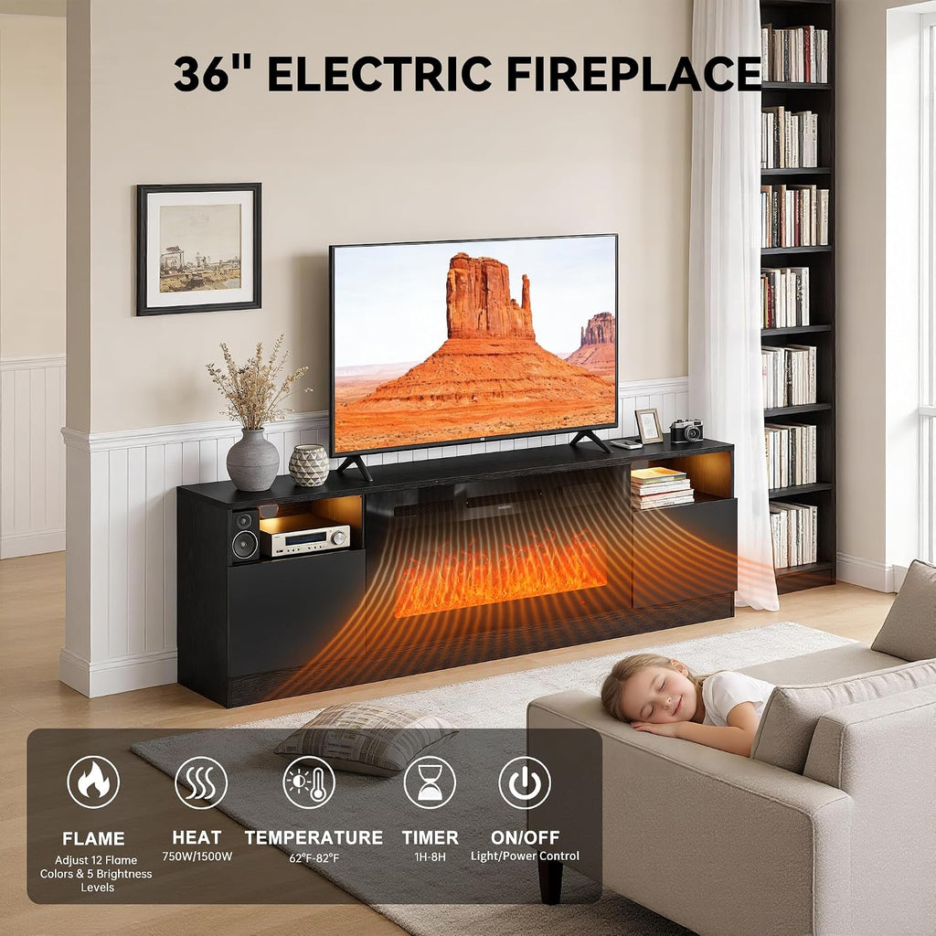 70" Fireplace TV Stand with 36" Electric Fireplace, LED Light Entertainment Center for TVs Up to 80", High-Gloss