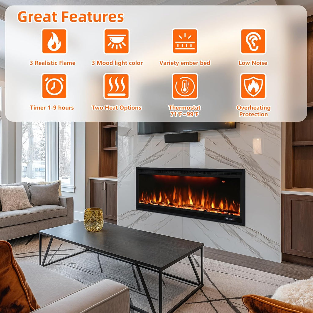 Smart 50 inch WiFi-Enabled Electric Fireplace Inserts, Wall Mount & in Wall recessed Fireplace Heater