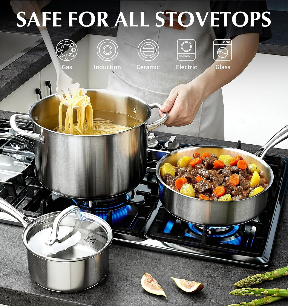 Stainless Steel Cookware Set 21 Piece with 5-Layer Base, Professional 18/10 Stianless Steel Pots and Pans Set