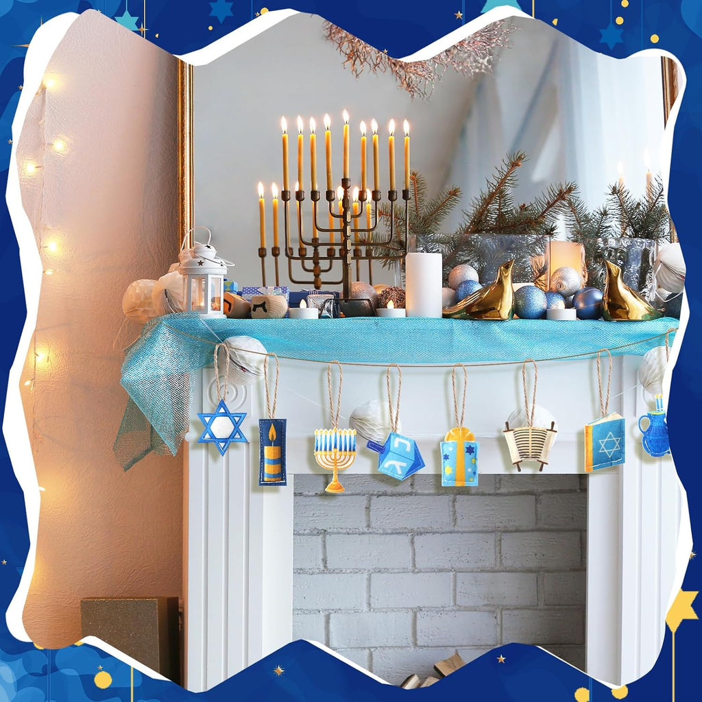 Hanukkah Tree Ornaments 3D Felt Chanukah Jewish Ornaments Dreidel Star of David Hanukkah Decorations Blue - Set of 24