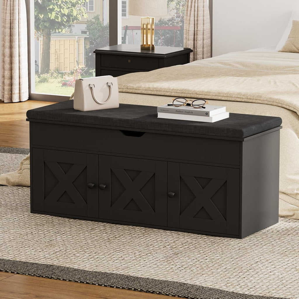 Shoe Storage Bench with Lift Top & 3 Barn Doors, Entryway Bench with Removable Cushion, Adjustable Shelf, Hidden