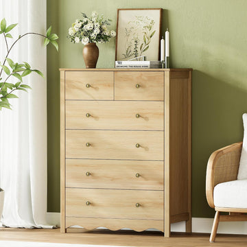 44" Tall Dresser with 6 Drawers (Natural) | Modern, Farmhouse, Metal Handle, Natural, Wood-grain Finish, Organizer
