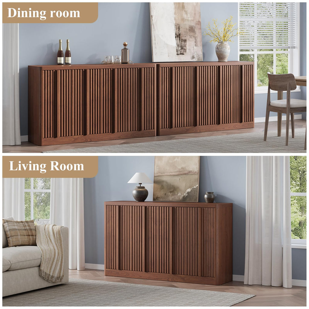 Fluted Buffet Cabinet with Storage, 60" Sideboard Buffet Storage Cabinet with 4 Doors & Adjustable Shelves, Wood