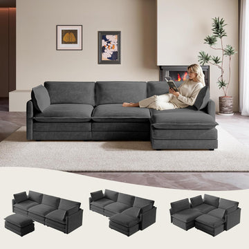 104'' Modular Sectional Cloud Couch with Movable Ottoman, 4 Seat Modern Corduroy Sofa, Deep Seat L Shaped Couch