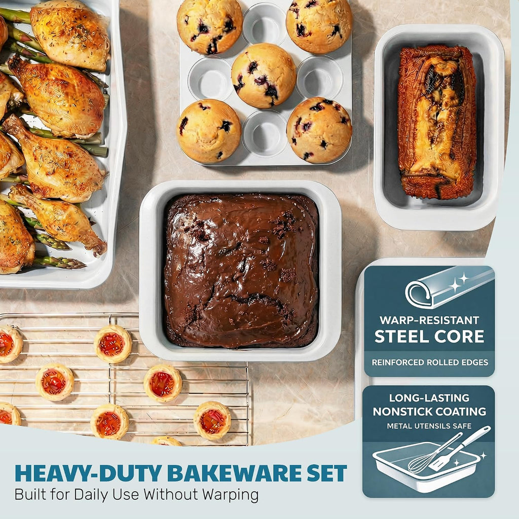 Nonstick Bakeware Set 6 Pc Stackable, Ceramic Pans Set, PFOA & PFOS Free Aluminum, Cookie Sheet, Cake, Muffin, Loaf