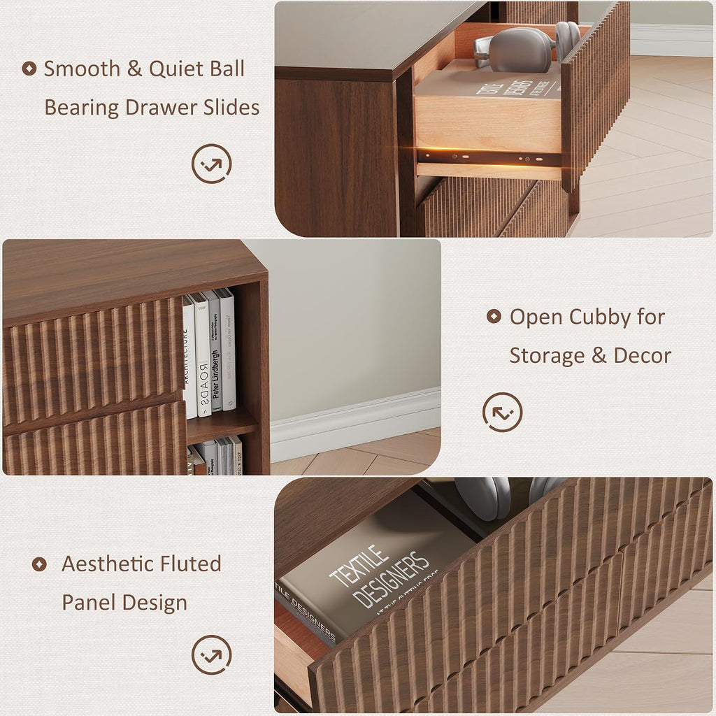 63 Inch Fluted 6 Drawers Dresser with Shelves, Walnut | Large Chest of Drawers , Mid Century Modern, Wood Closet