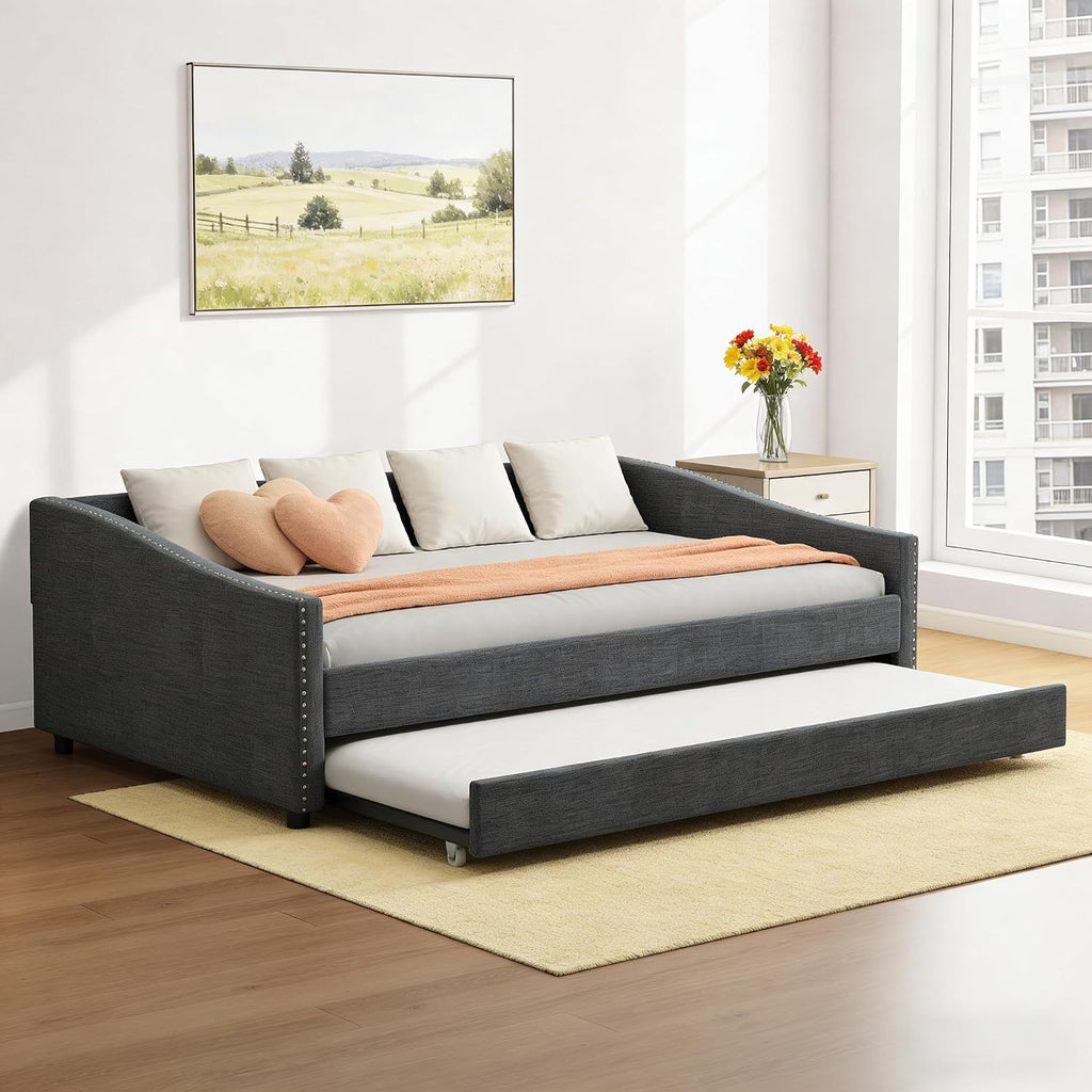 Full Size Upholstered Daybed with Trundle | Twin Size Trundle,Button-Tufted Back, Piping on Waved-Shape Arms, Solid