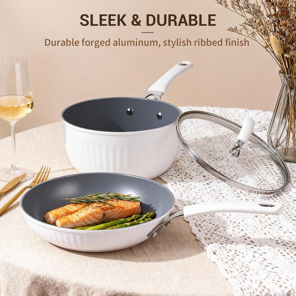 15-Piece Ribbed Ceramic Cookware Set, Pots and Pans Set Non Stick, Induction Ready, Healthy Non Toxic Kitchen Cooking