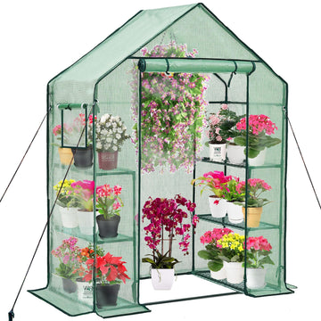 Walk-in Greenhouse for Outdoors w/ Mesh Side Windows, 3 Tiers 6 Shelves PE Cover Green House Portable Warm House for