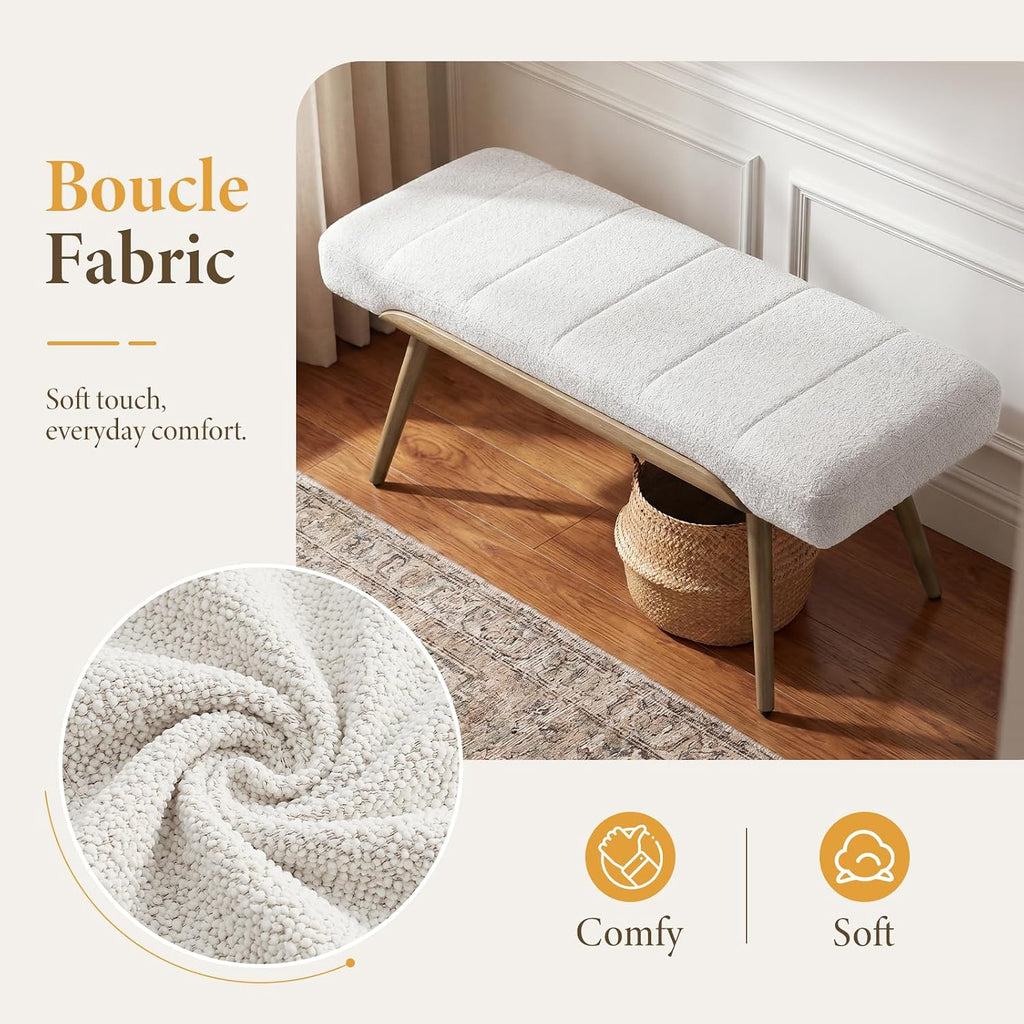 Modern Ottoman Bench, Upholstered Boucle Fabric Entryway Bench with Metal Legs, 35.5" Padded Bench Living Room, Beige