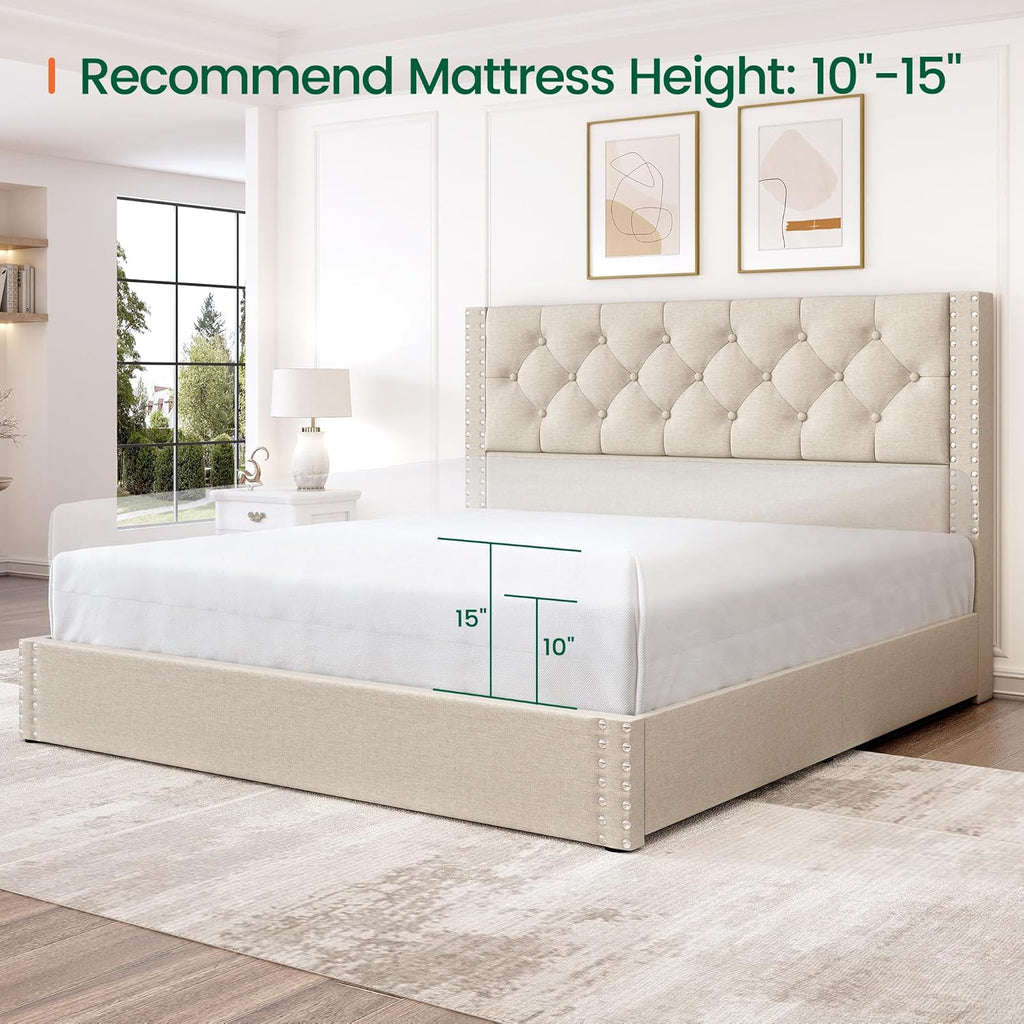 Queen Bed Frame with 4 Storage Drawers and Tufted Headboard Linen Upholstered Platform Bed Frame with Heavy Duty Wood