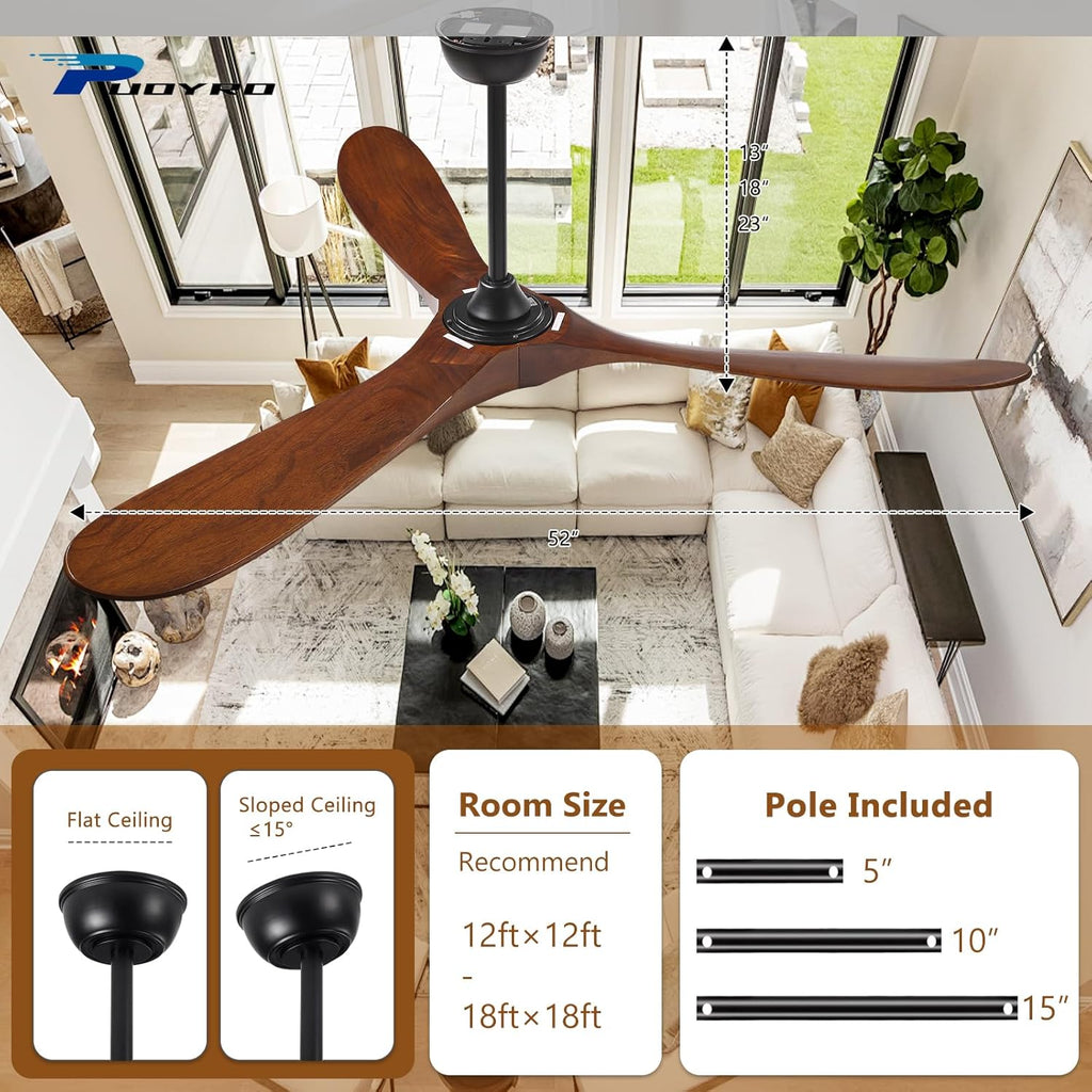 52" Ceiling Fan with Light and Remote, 6-Speed Dimmable Outdoor Ceiling Fan, High CFM Quiet 3 Blade Wood Ceiling Fan