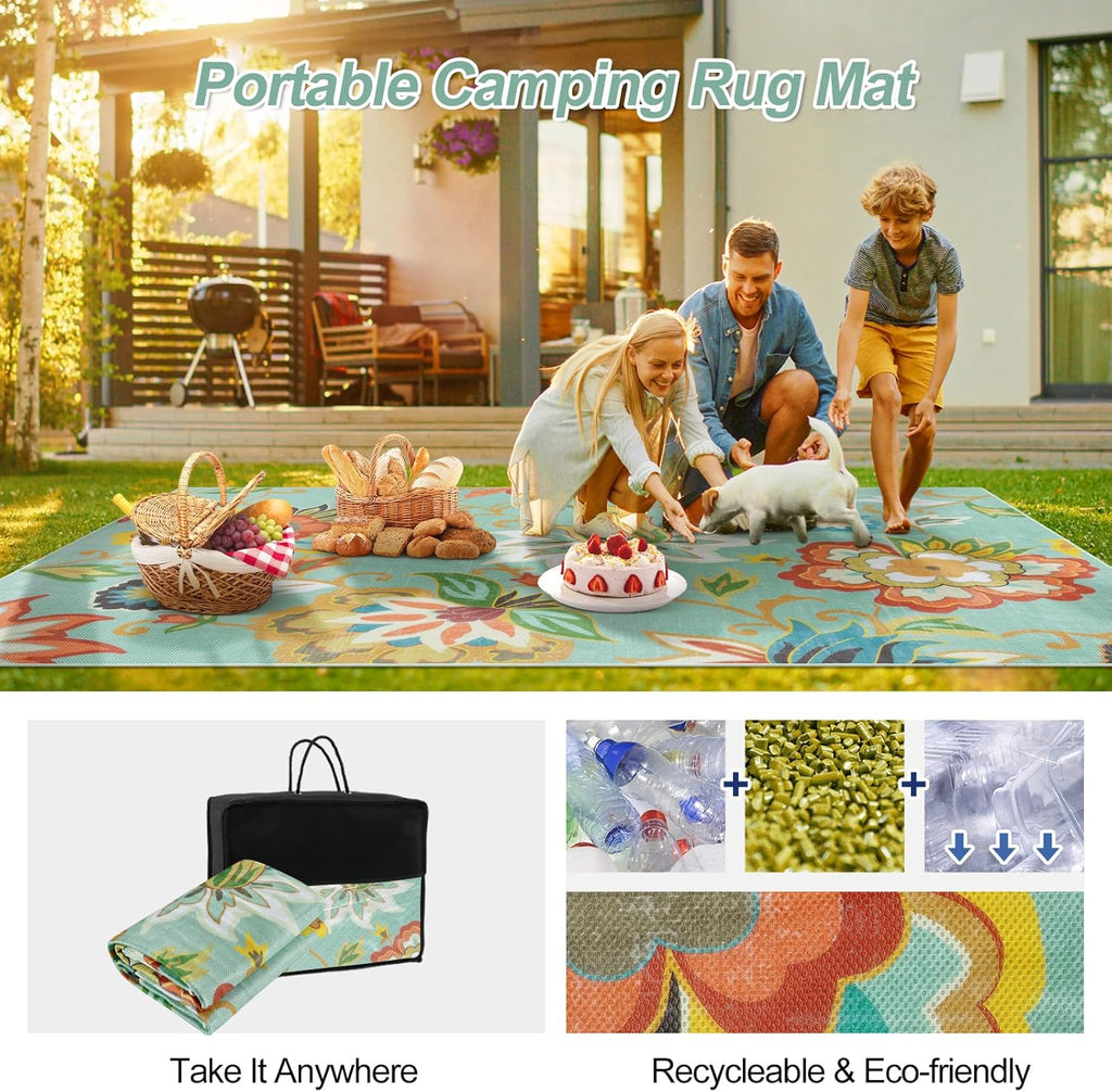 Floral Indoor Outdoor Rug 8x10, Non Slip Outdoor Patio Rug for Camping Picnic, Portable Large Outdoo