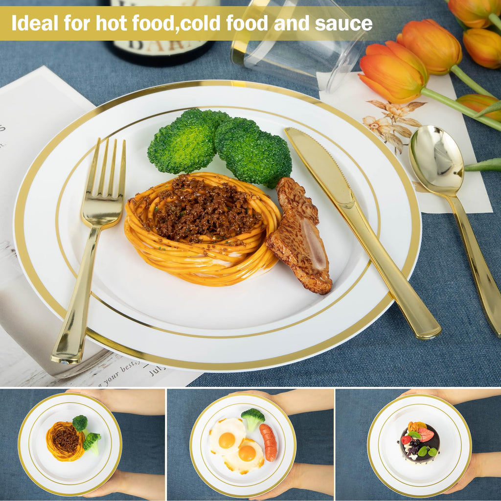 White and Gold Plastic Plates, Disposable Dinnerware Set