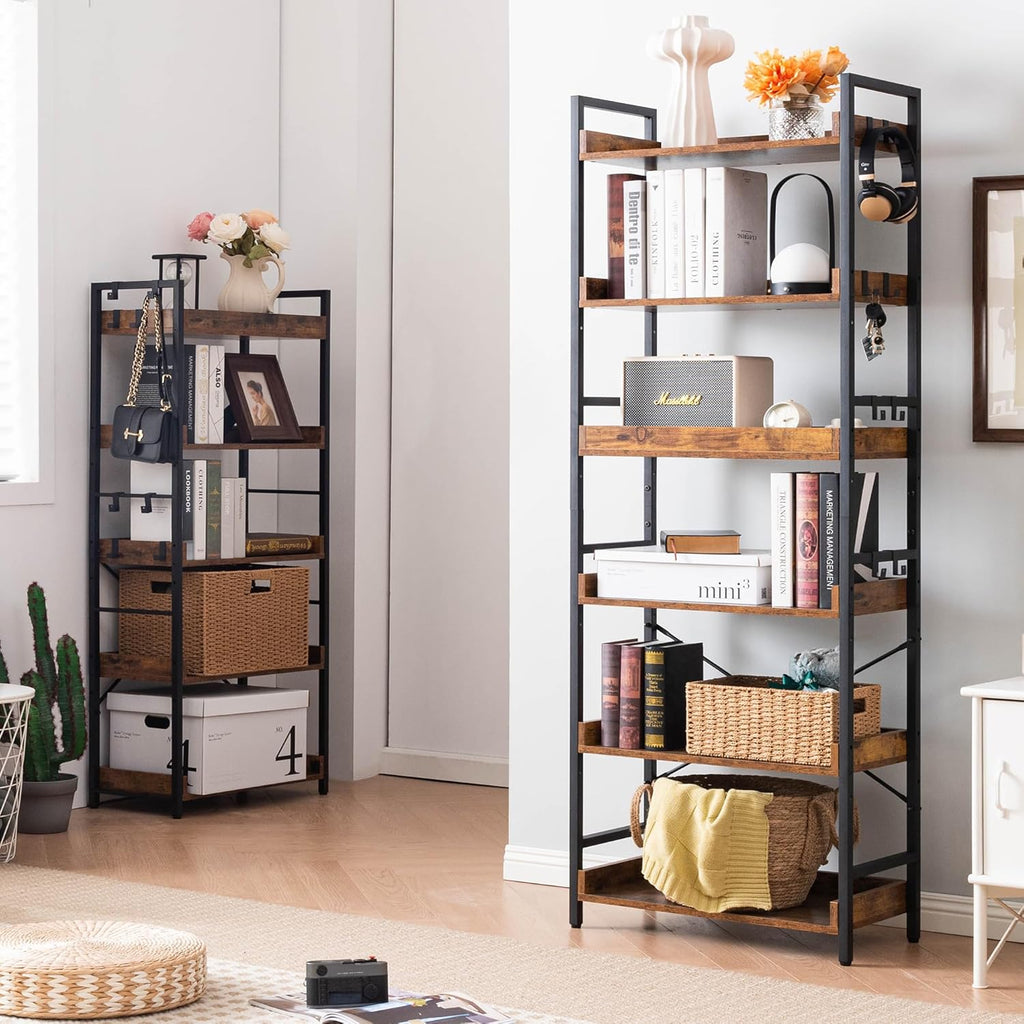 Adjustable 6 Tier Open Bookcase, Rustic Farmhouse Book Shelves, Industrial Wood and Black Metal Bookshelves