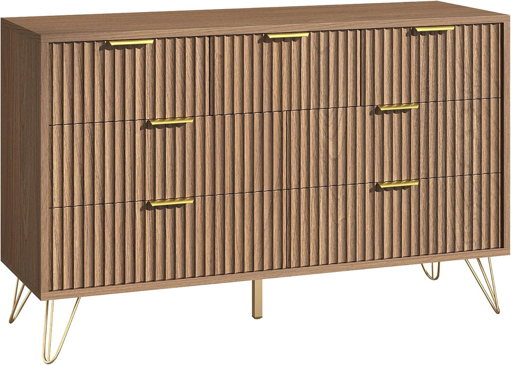 Fluted 7 Drawers Dresser , Wood Dressers with Scratch-Proof Golden Handles, Natural Curved Profile, Modern Chest