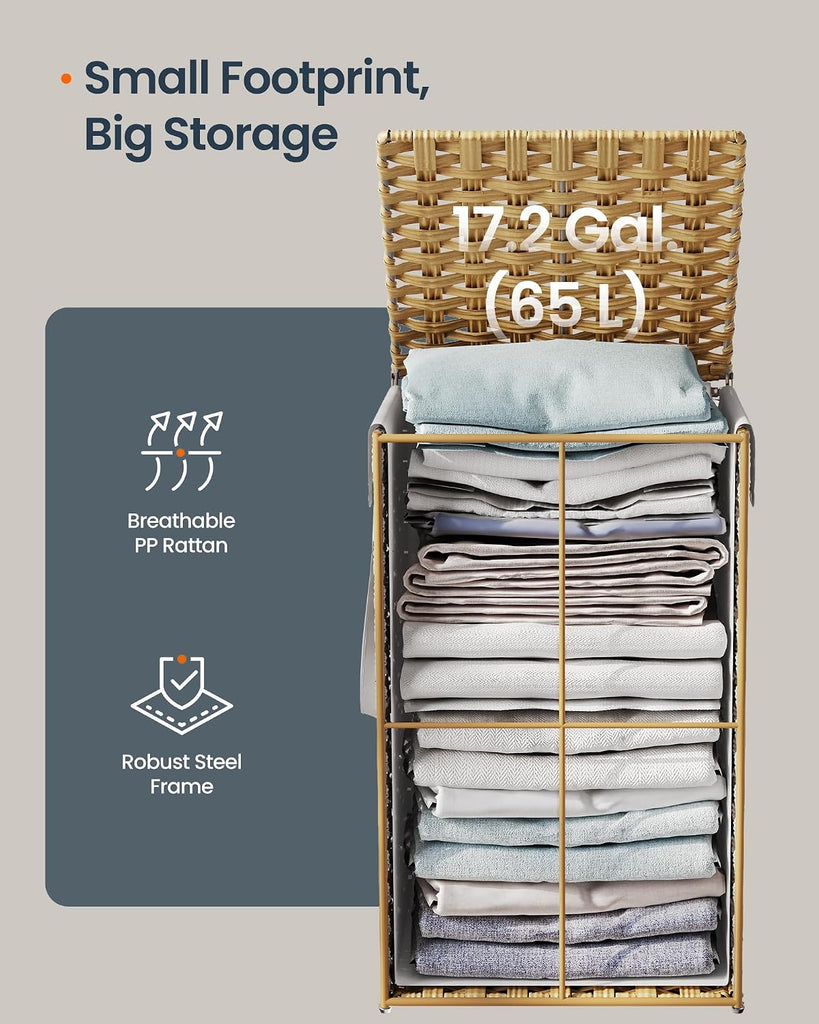 Laundry Hamper with Lid, Clothes Basket with Removable Liner and Handles, 17.2 Gallon, Foldable Narrow Laundry