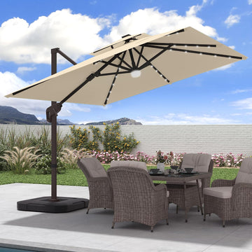 9x9 FT Cantilever Patio Umbrella with Base & Solar LED, Beige | 9x9 FT square shade, weighted base included