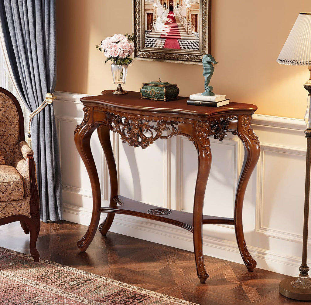 Antique Console Table, 38 Inch Victorian Half Moon Sofa Table with Hollow Floral Apron and Cabriole Legs, Vintage