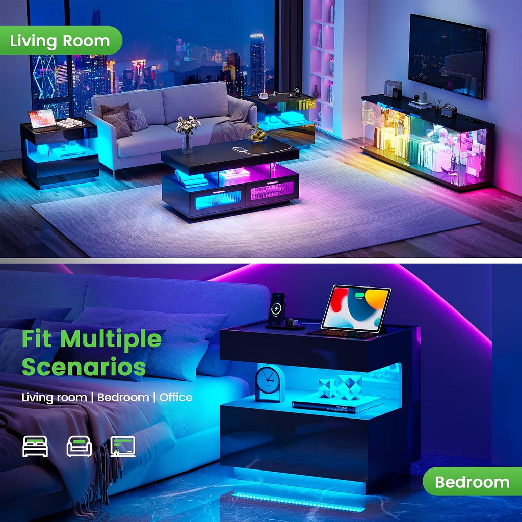 High‐Gloss Smart LED Nightstand | Motion‐Sensor 3‐Color Lighting, Hidden Storage Compartment, Gun Drawers, USB