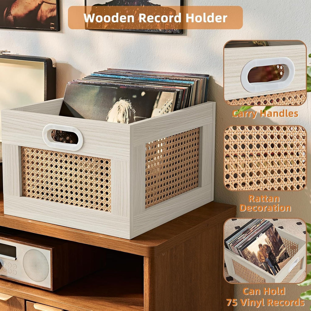 2 Pack Vinyl Record Storage Crates, Rattan Vinyl Record Holder