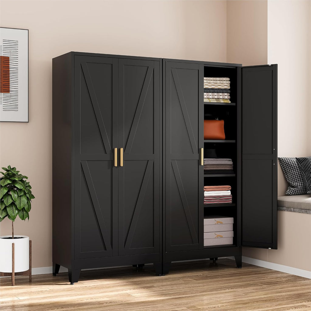 Black Metal Wardrobe Closet, Reversible 2-Section Design with Hanging Rod & Adjustable Shelves, 71" Freestanding