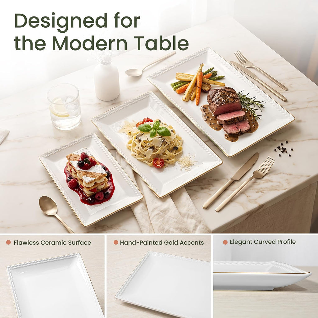 Ceramic Serving Platter Set | 16"/14"/12" Rectangular Serving Trays for Entertaining at Parties and Weddings | Oven