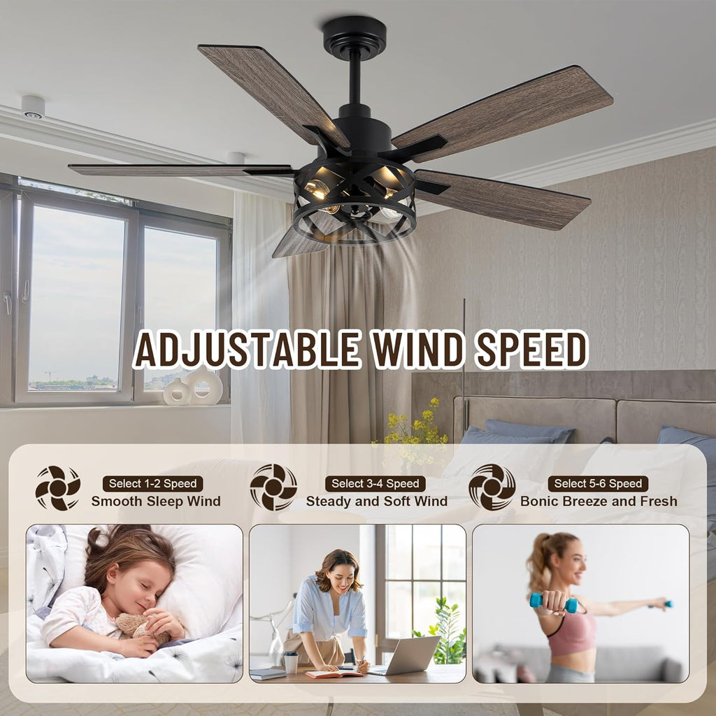 52" Farmhouse Ceiling Fan with Lights and Remote,Ceiling Fan with Caged Rustic Light Fixture,Reversible DC Motor