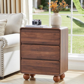 Wooden Night Stand wth 3 Drawer Dresser Mid Century Modern End Table Chest of Drawers, Solid Wood Legs & Curved