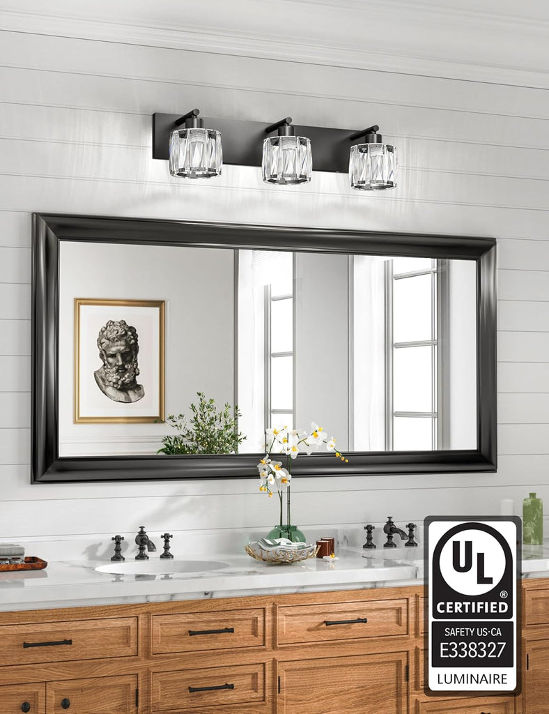 Crystal Vanity Lights s, 3 Light Bathroom Vanity Light, Modern Matte Black Bathroom Light Over Mirror, Black