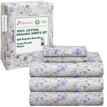 100% Cotton Organic Split King Sheets Percale Weave, Heather