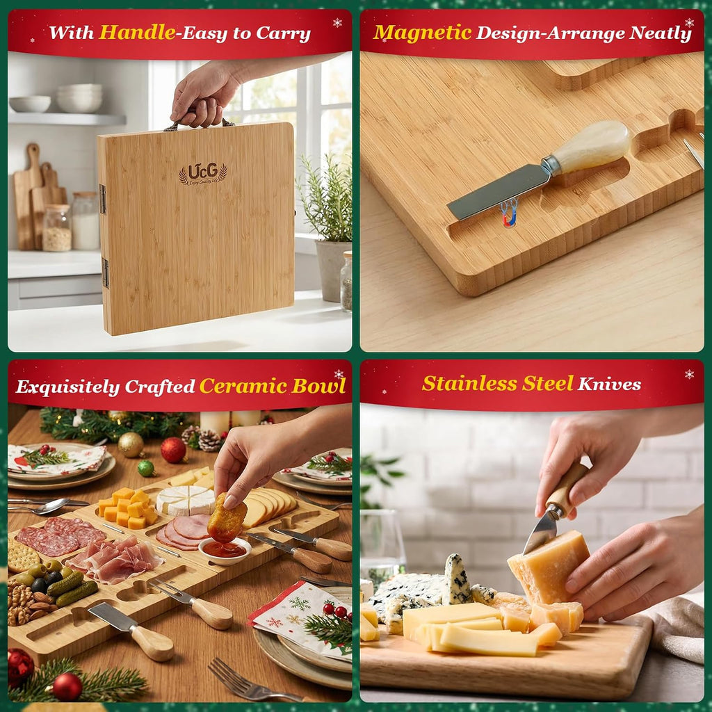 Charcuterie Board Gifts for Women: Bamboo Folding Cheese Board with Knife | Unique White Elephant Gift Wedding