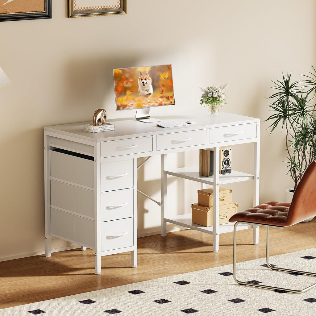 47" Computer Desk with 6 Drawers, Home Office Gaming Desks with Storage Shelves