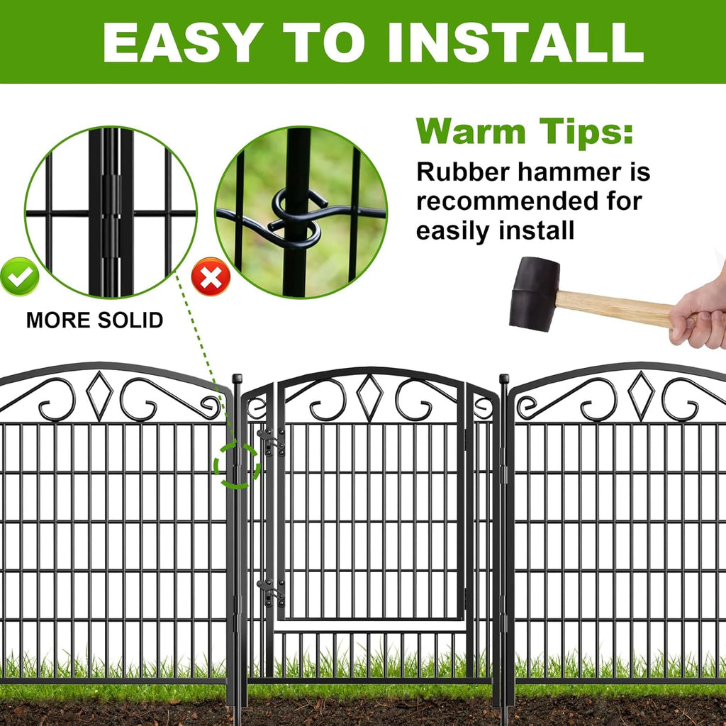 12 Panels No Dig Decorative Garden Fence with Gate, 31.3in(H) x 26ft(L) Rustproof Animal Barrier Metal Dog Fence