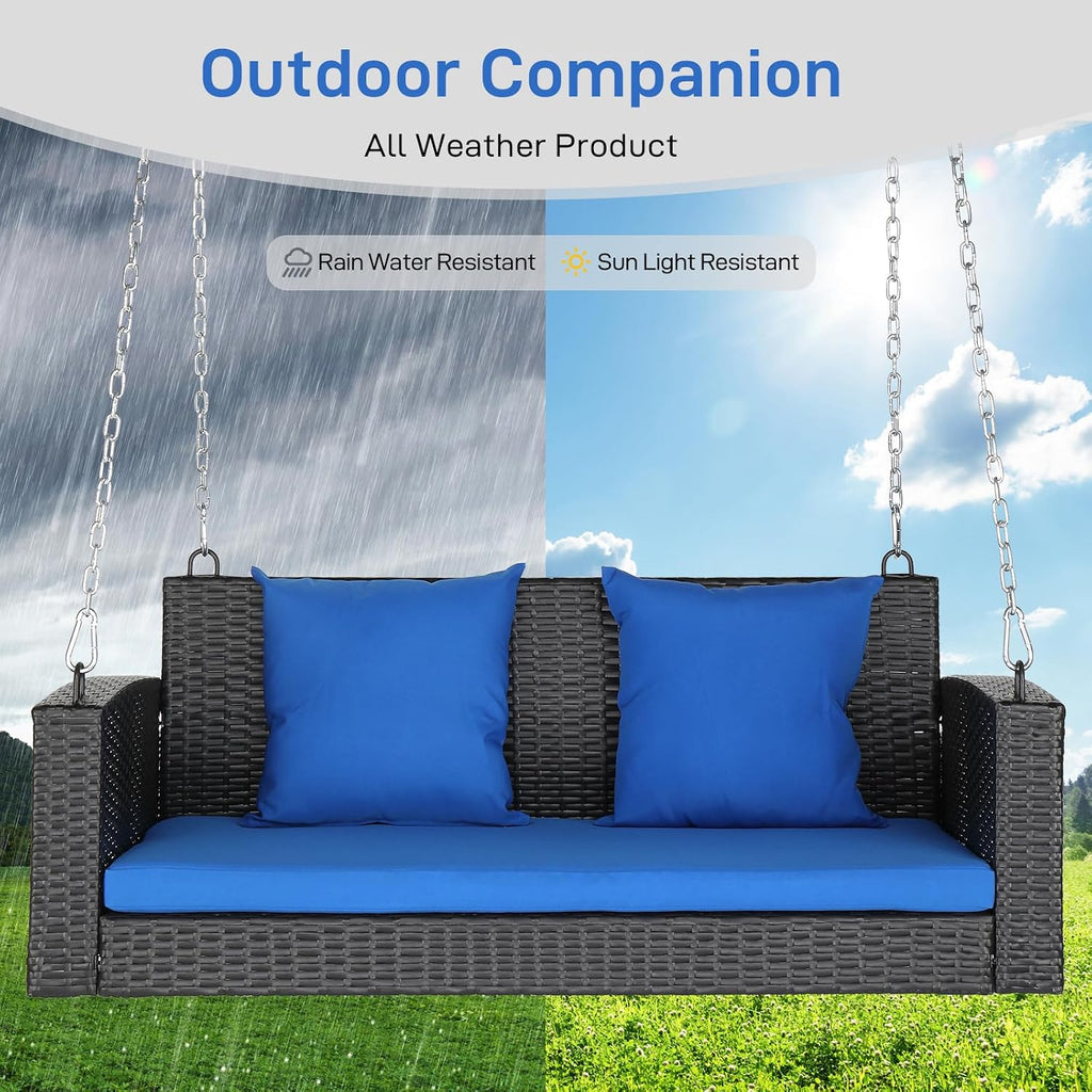 Wicker 2-Person Hanging Porch Swing Outdoor with Blue Cushion | Sturdy hanging bench swing holds up to 800 lbs