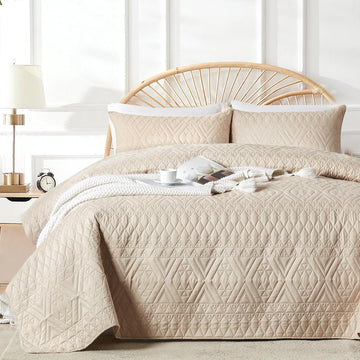 Full/Queen Quilt Bedding Set,Beige Lightweight Microfiber Soft Bedspread,Modern Style Geoetric Pattern Coverlet Set