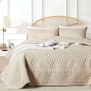 Full/Queen Quilt Bedding Set,Beige Lightweight Microfiber Soft Bedspread,Modern Style Geoetric Pattern Coverlet Set