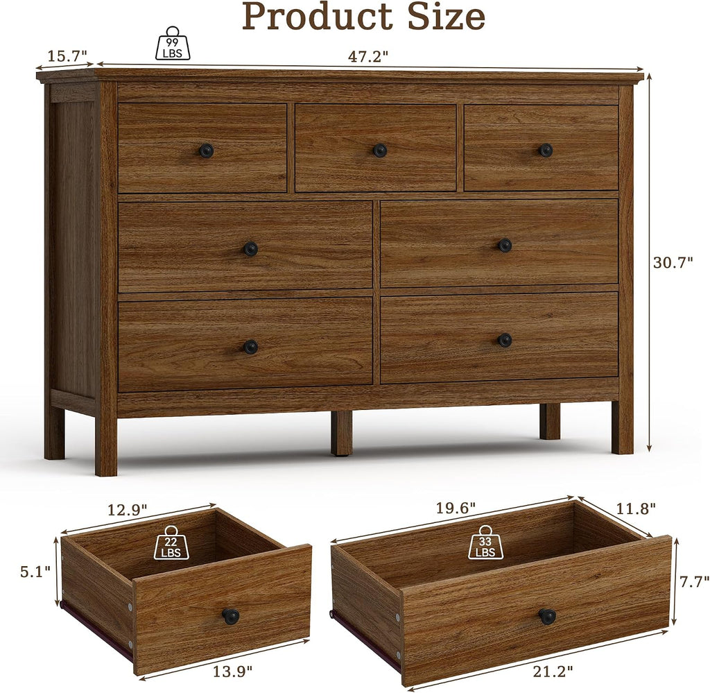 47" Walnut Dresser with 7 Drawer & Metal Handles | Wood Dressers & Chests of Drawers with Wide Drawers for Hallyway