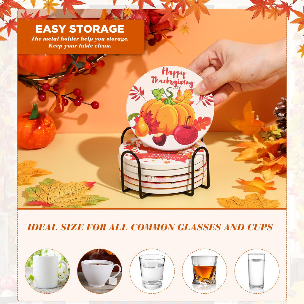 6 Pcs Thanksgiving Coasters with Holder Fall Ceramic Coasters