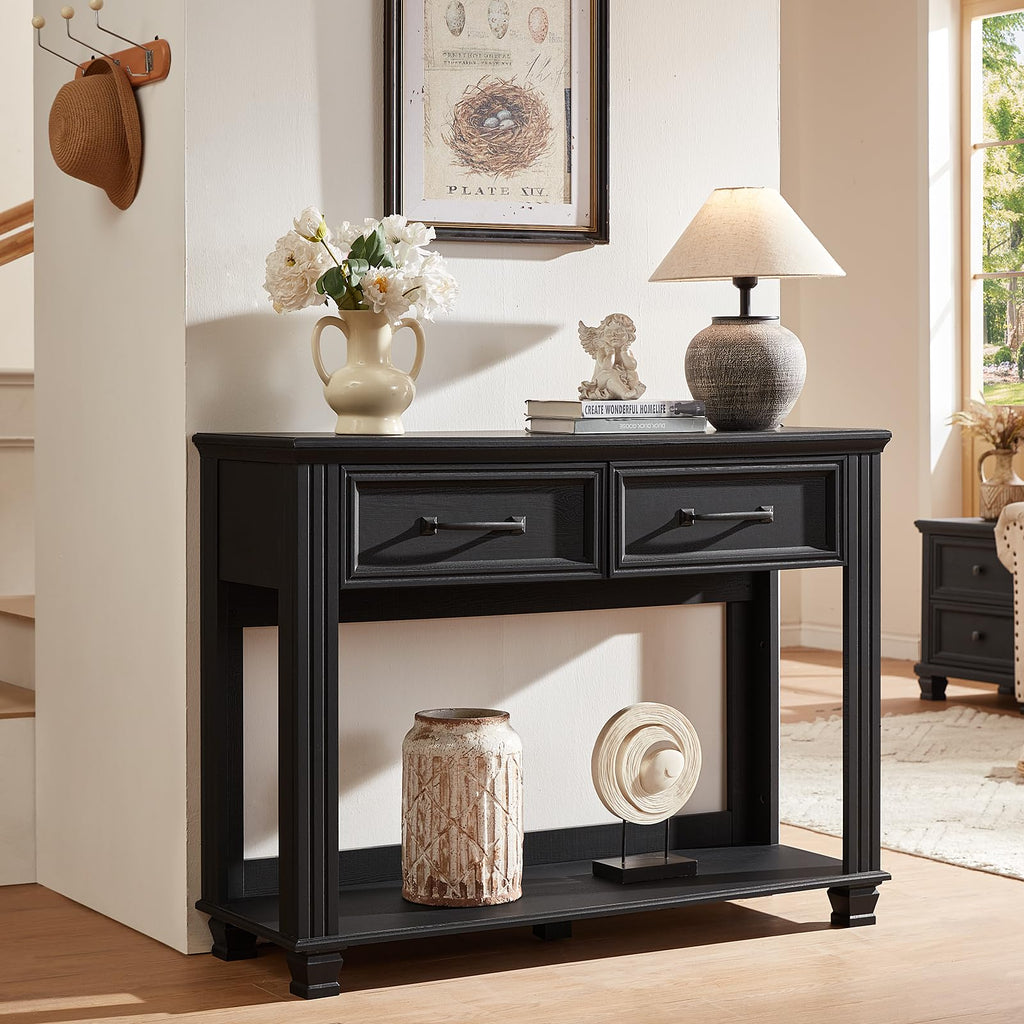 46" Farmhouse Console Table with Drawers, Black Entryway Table