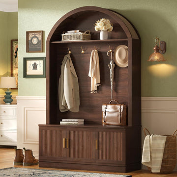 Farmhouse Arched Top Hall Tree with 5 Metal Hooks, All-in-One Mudroom Storage with Adjustable Shelves & Fluted Door