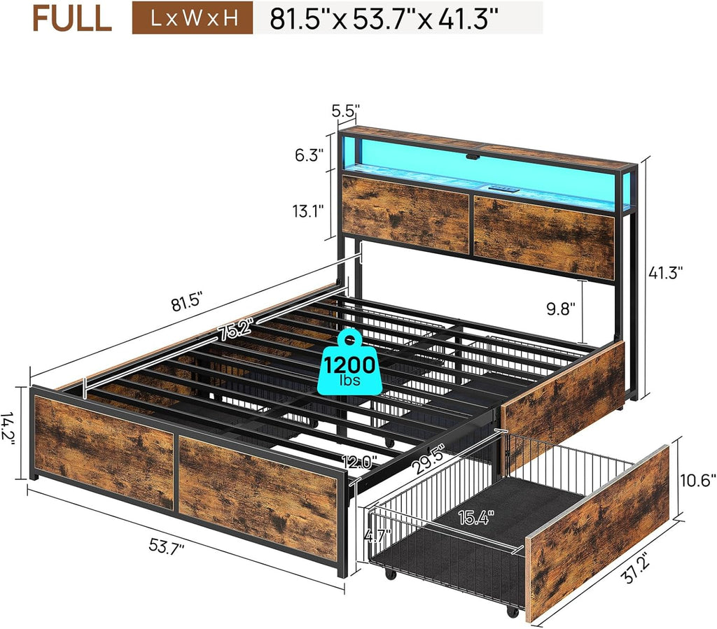 Full Bed Frame with 4 Storage Drawers, Charging Station and LED Lights