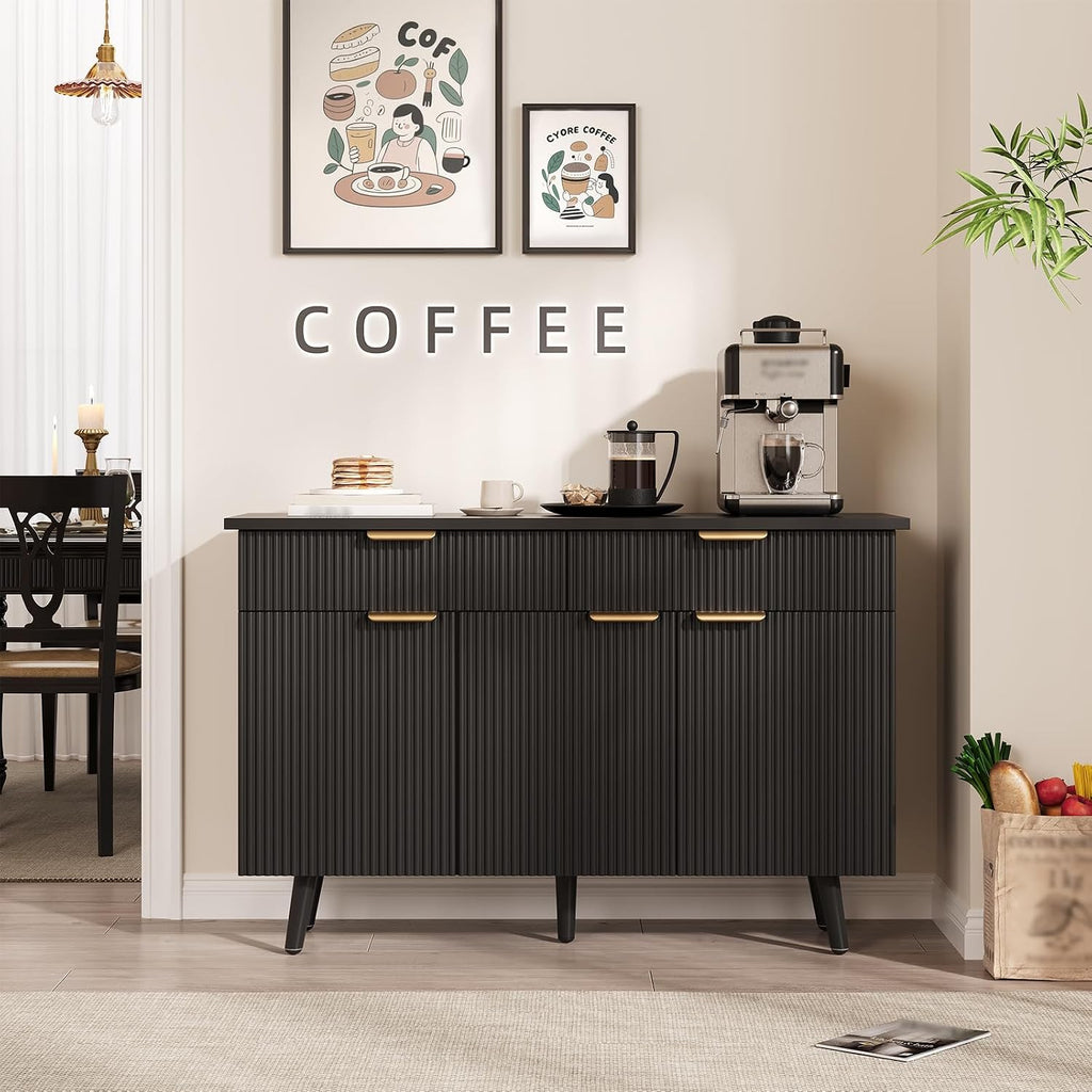 47 Inch Sideboard Buffet Cabinet, Wood Storage Cabinet with 3 Fluted Doors, Adjustable Shelves and 2 Drawers, Coffee