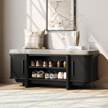 Entryway Shoe Storage Bench with Sliding Doors, 2-Tier Upholstered Shoe Rack Bench with Hidden Storage, Wooden Shoe
