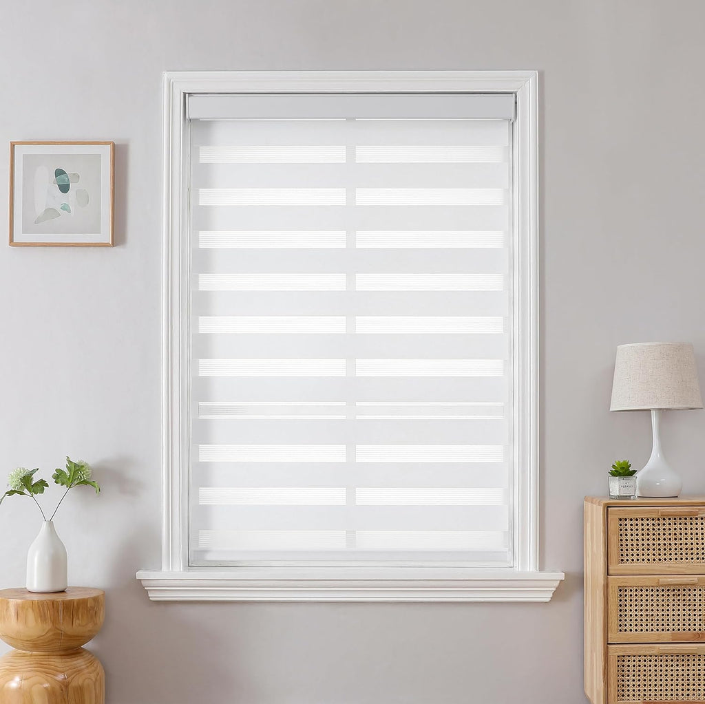 Cordless Zebra Blinds for Windows, Dual Layer Light Control Window Blinds with Light-Proof Aluminum Cover, Free-Stop