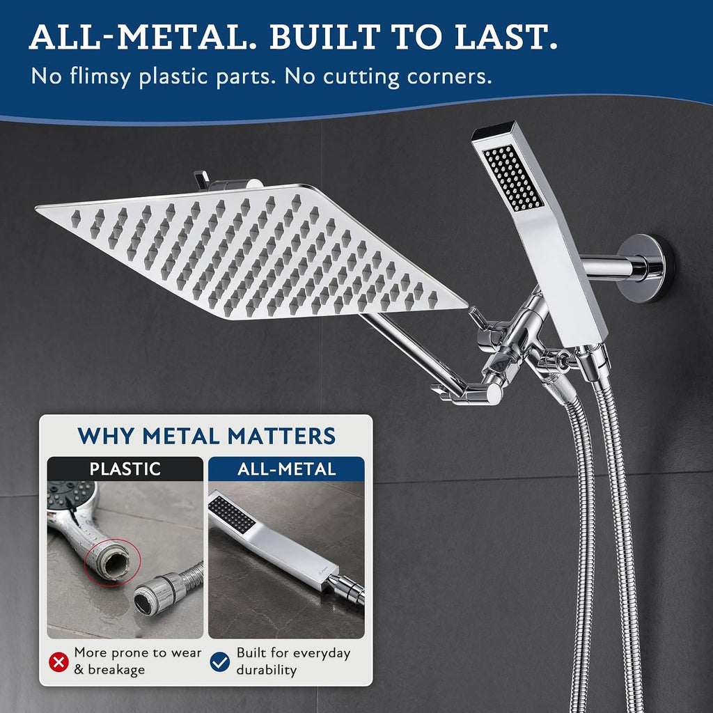 All Metal 8 Inch Dual Square Shower Head with Handheld Spray Combo, Rain Shower Head, Adjustable Extension Arm