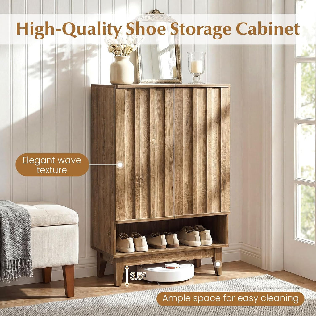 Shoe Cabinet with 2 Fluted Doors, 5-Tier Wooden Shoe Rack Organizer Cabinet with Removable Shelves, Freestanding Shoe