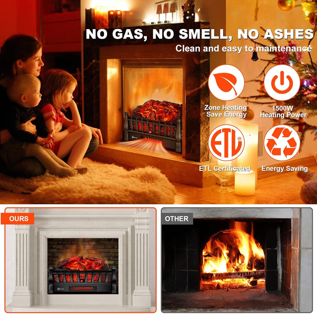 Electric Fireplace Logs Inserts Heater with Infrared Remote Controller 5 Flame Brightness 24 H Timer Overheating